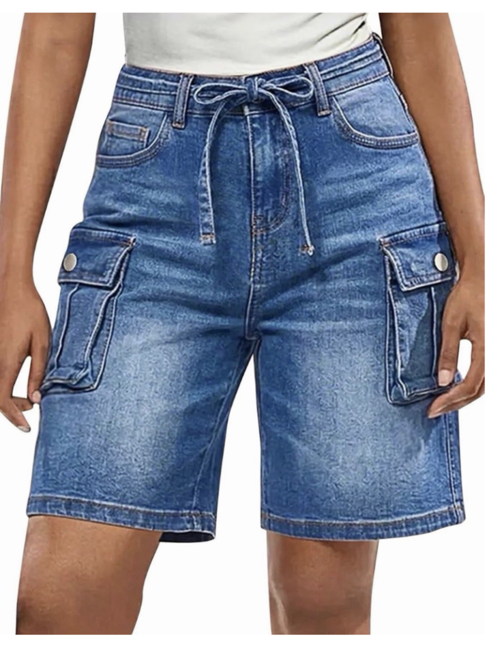 Flamingals Mid Waist Cargo Bermuda Denim Shorts for Women L